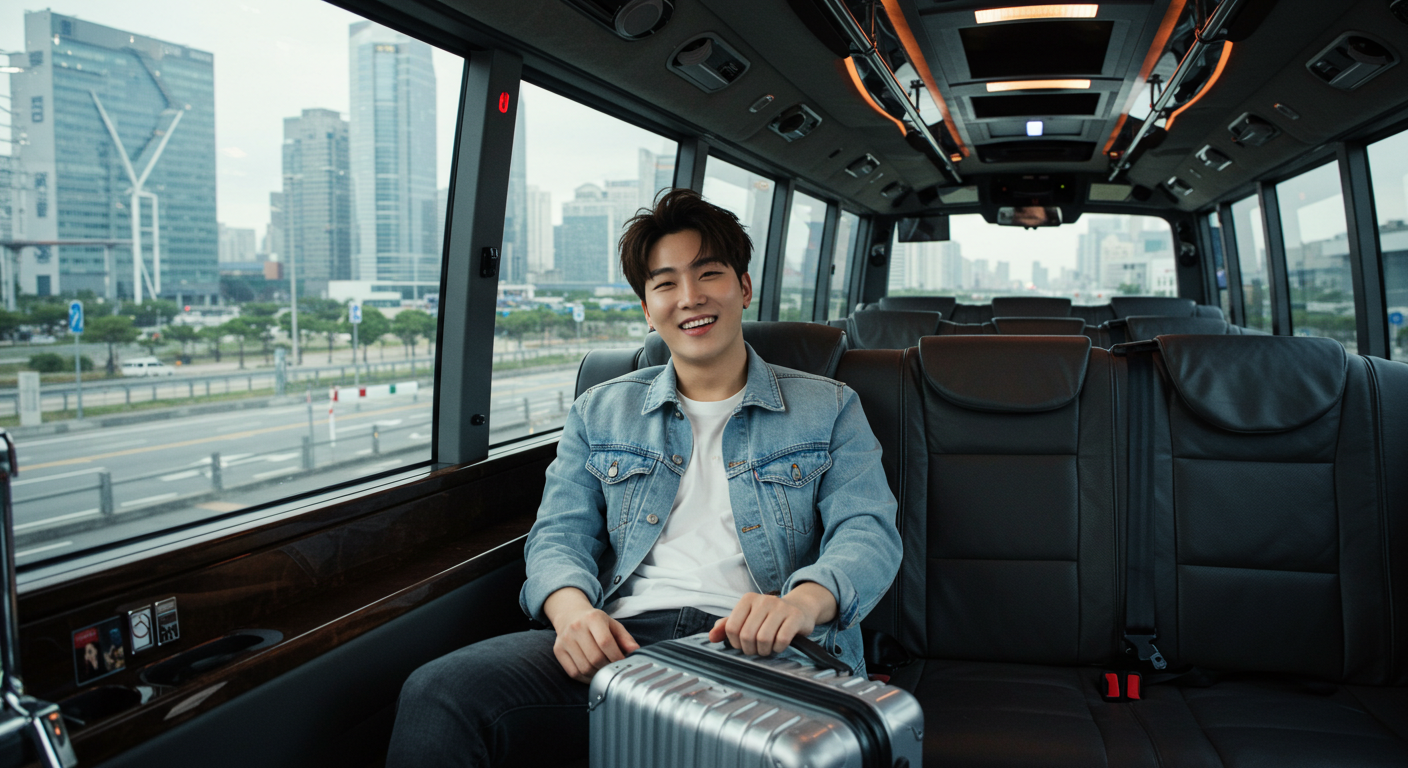 공항 리무진 버스 안에서 한국 남성