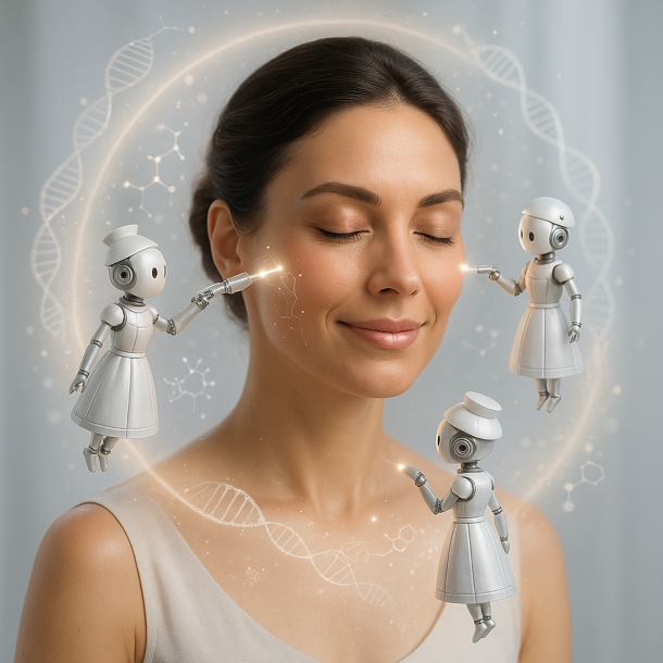 &ldquo;빛나는 피부를 가진 여성 주변을 떠다니는 AI 로봇들이 피부를 정밀하게 관리하는 미래형 스킨케어 장면. 오라 속에 DNA 구조와 분자 모형이 함께 어우러진 이미지.&rdquo;