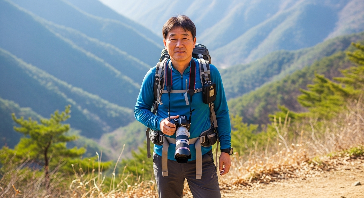 50대 한국인 남성 등산복 차림, 계곡 풍경 앞에서 사진 촬영 준비