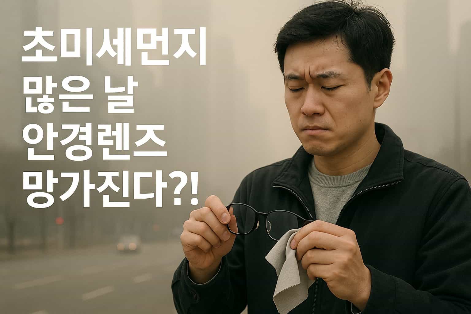 초미세먼지 많은 날 안경 레즈를 닦는 남성의 이미지