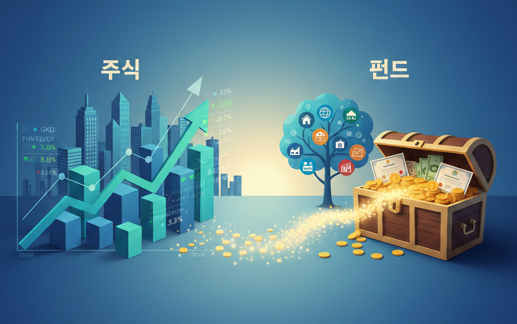 주식과 펀드의 개념을 시각화한 일러스트: 상승하는 주식 그래프와 다양한 자산이 담긴 펀드 보물상자