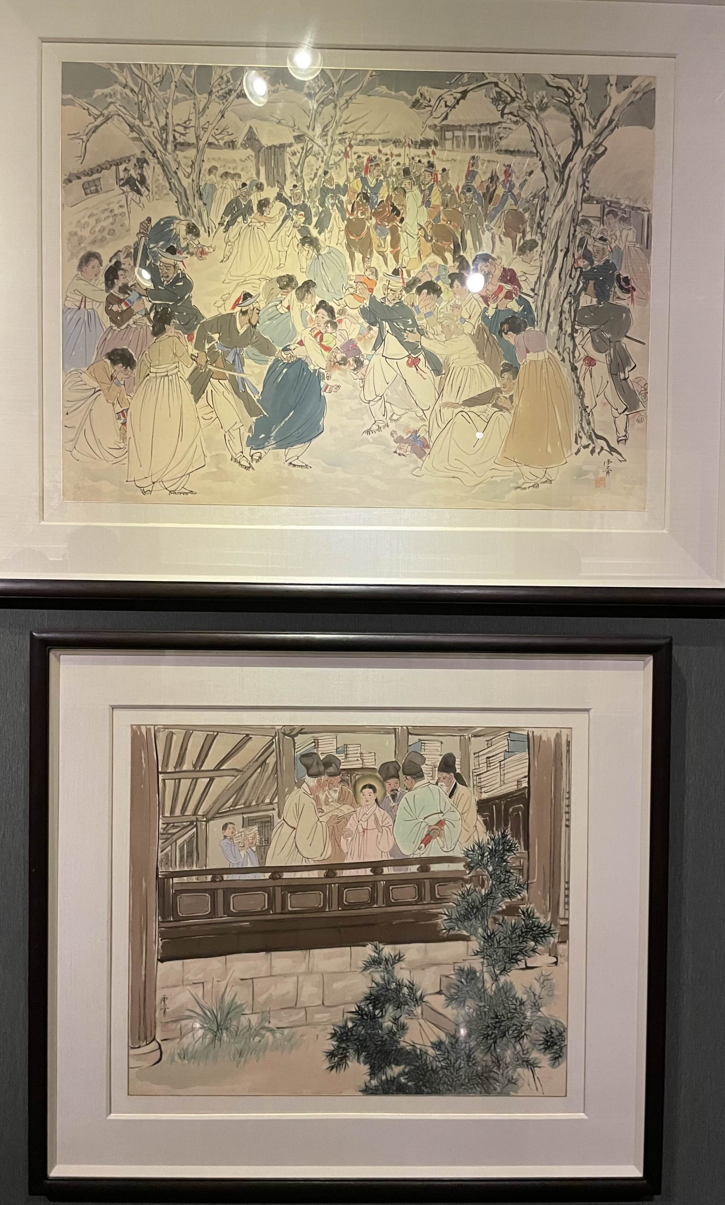 김기창 - 예수의 생애 : 5. 헤롯왕의 아이들 학살, 6. 소년예수, 학자들과 문답 (1952-1952, 비단에 채색)