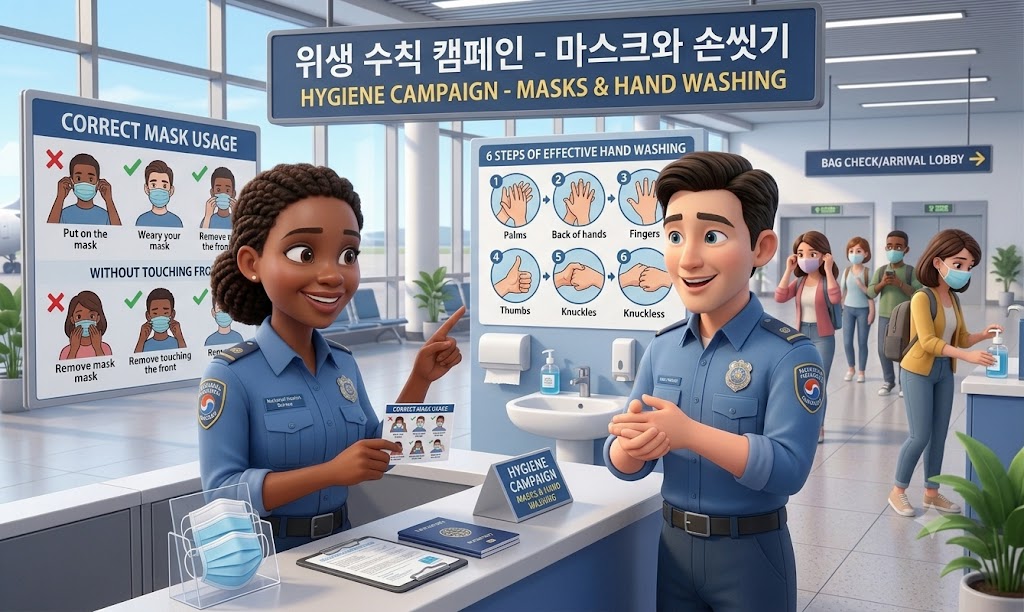 감염병 예방을 위해 위생 수칙을 교육하는 공항 직원