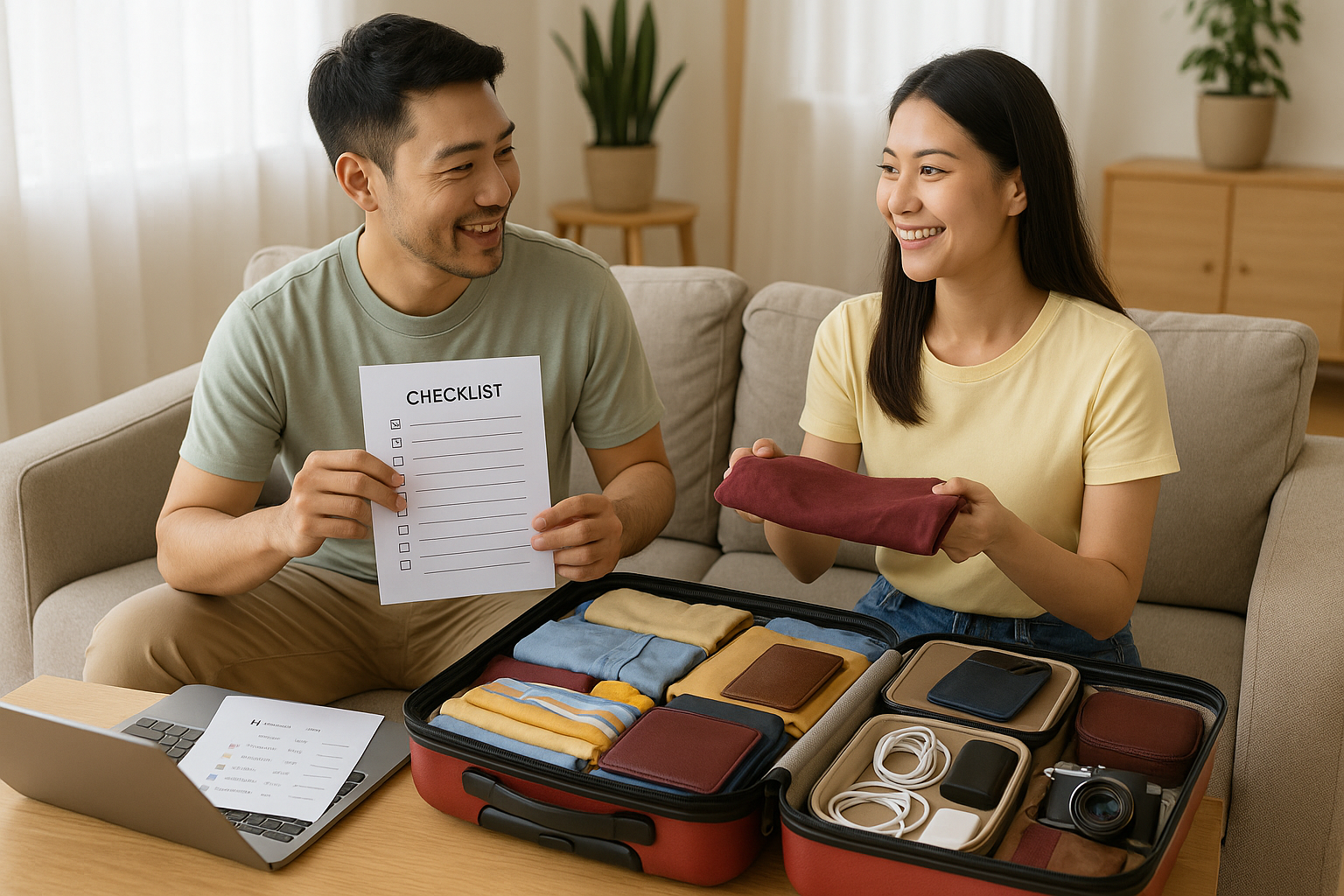 캐리어를 열고 체크리스트를 보며 짐을 꾸리는 모습