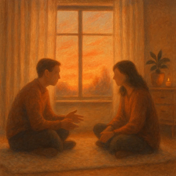 따뜻한 노을빛이 드리우는 방 안에서 마주 앉아 진지한 대화를 나누는 두 사람의 감성적인 장면을 부드러운 붓터치로 표현한 일러스트