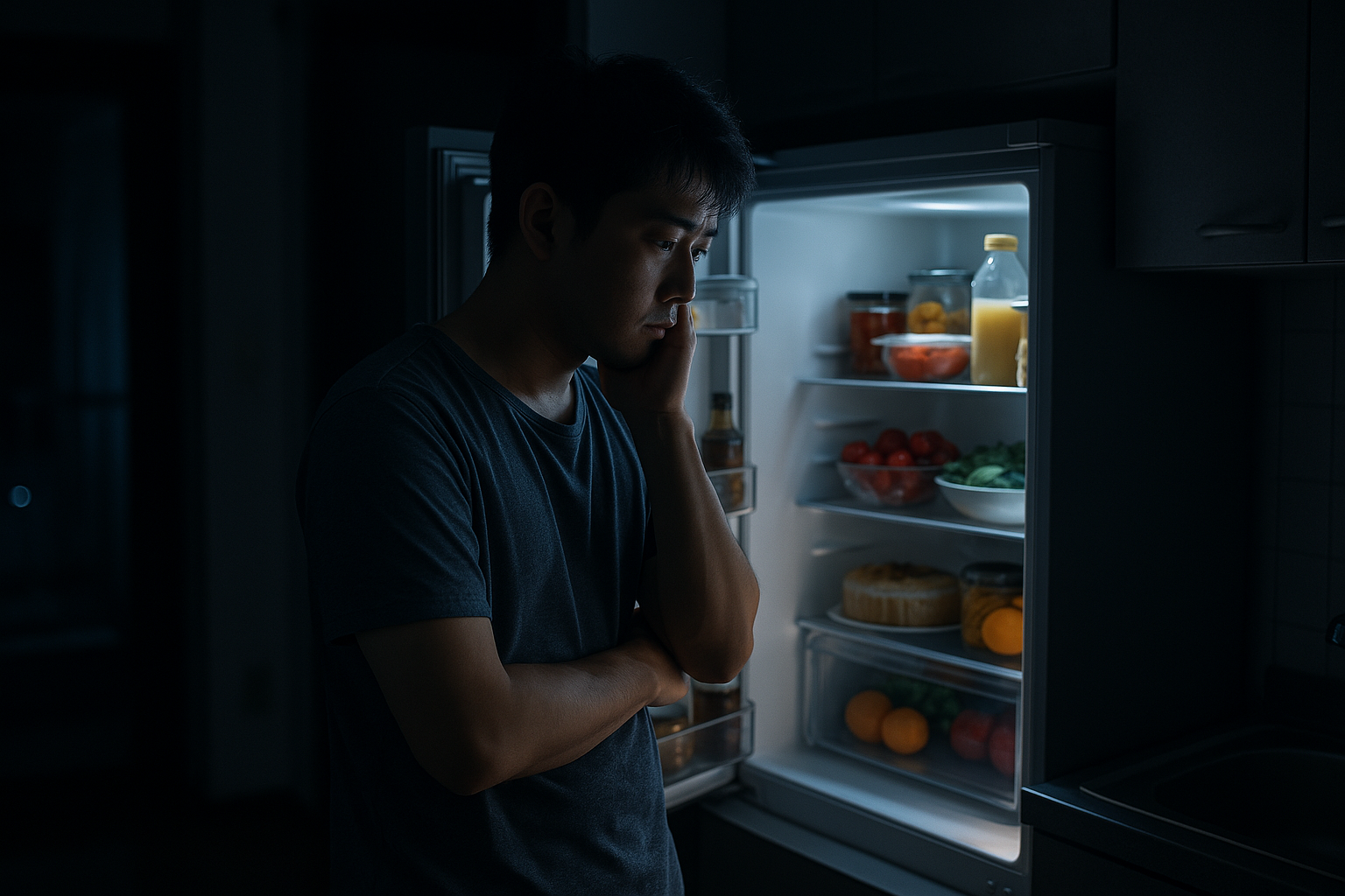 야식 증후군의 전형적인 모습 - 밤늦게 냉장고 앞에서 음식을 고민하는 사람, 건강한 수면과 식습관을 방해하는 야식의 유혹을 보여줍니다