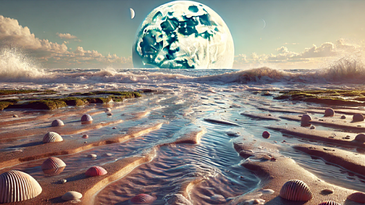 조수 웅덩이, 젖은 모래, 조개가 있는 모래사장