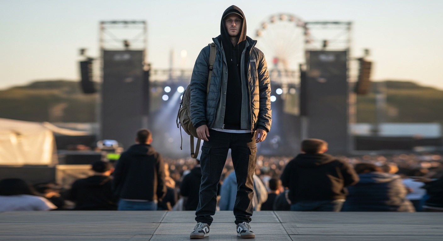 야외 공연의 큰 일교차에 대비하여 후드티와 얇은 경량 패딩을 레이어드한 코디 이미지