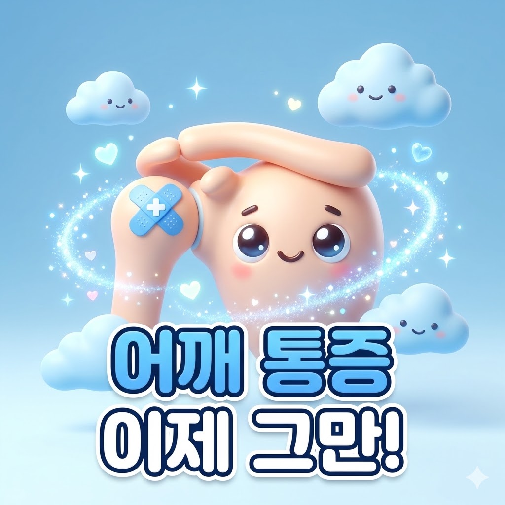 반창고를 붙인 귀여운 어깨 관절 캐릭터와 치료 효과를 상징하는 밝은 빛들이 어우러진 3D 카툰 일러스트. '어깨 통증 이제 그만!'이라는 문구가 시선을 사로잡는다.
