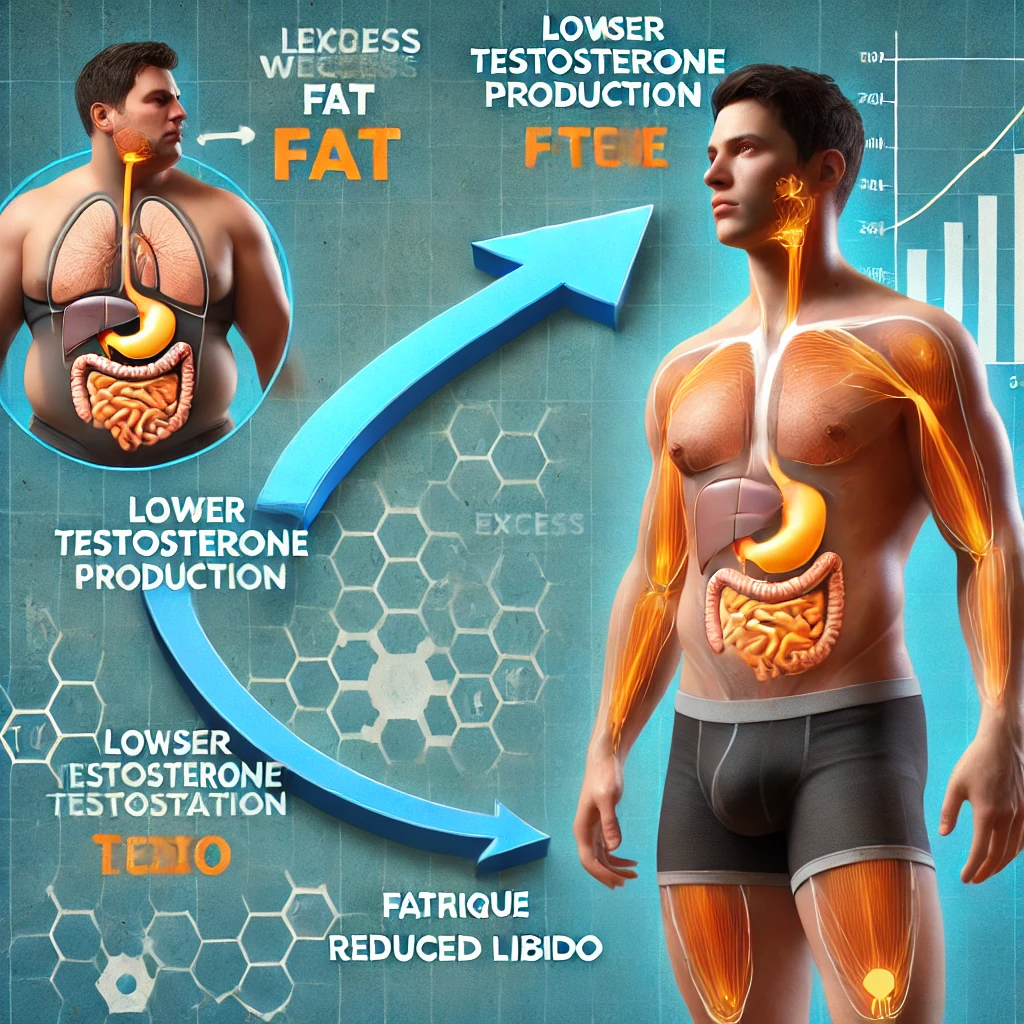 "체중 증가가 남성 호르몬 저하와 피로, 활력 감소를 유발하는 과정을 보여주는 인포그래픽"