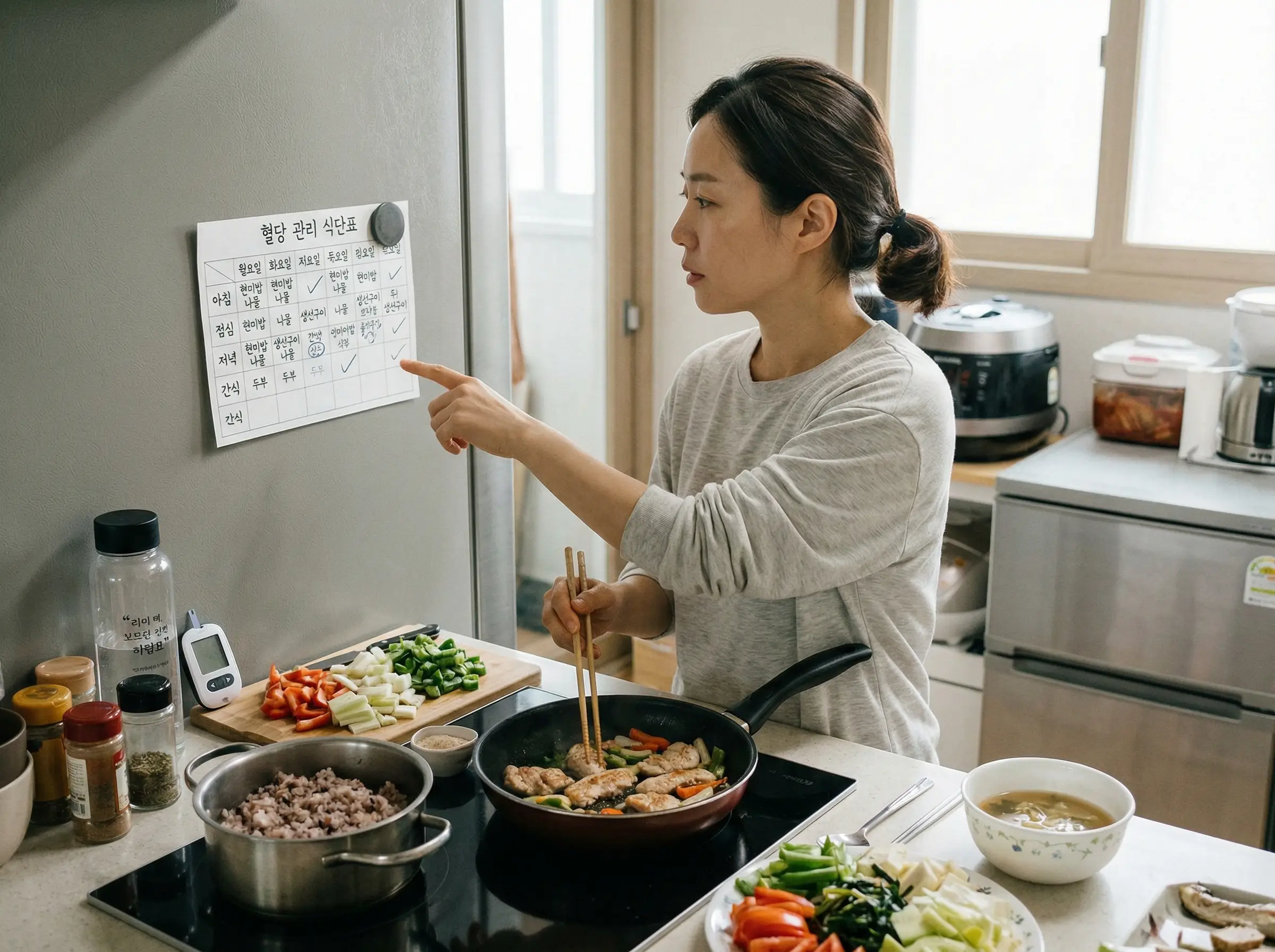 혈당 관리 식사 계획을 점검하는 장면