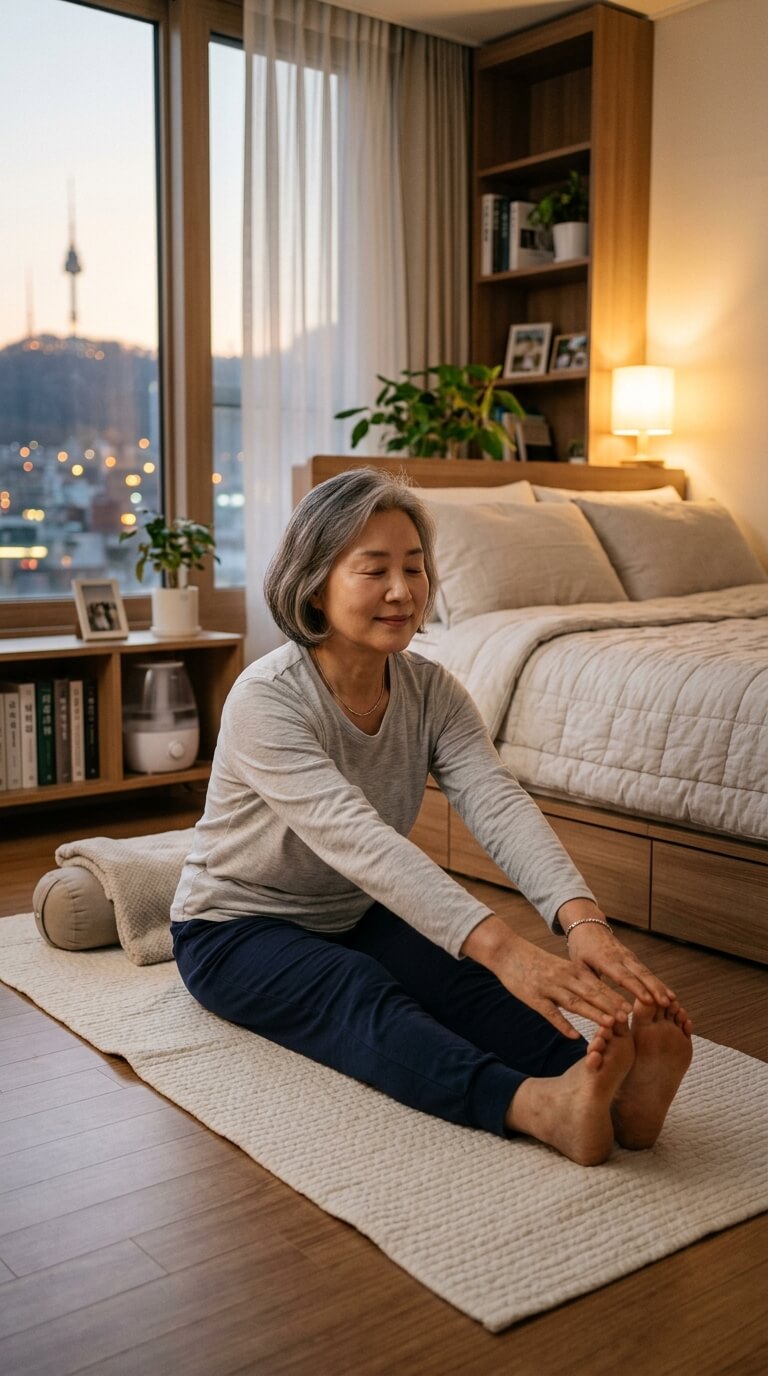 잠들기 전 1분 다리를 벽에 올리기 다리 벽에 올리는 자세 혈액순환 다리 피로 잠들기 전 습관 노후 건강 50대 건강 60대 건강 건강 습관 수면 습관 황금길가이드