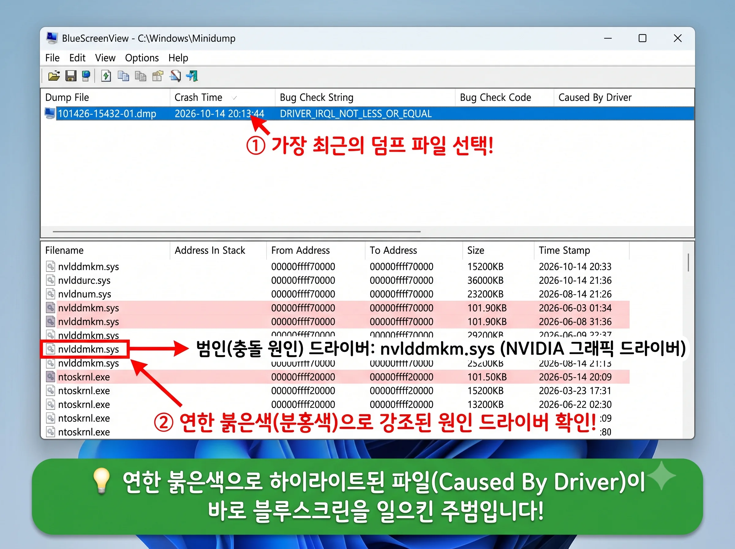 BlueScreenView 덤프 파일 분석 충돌 원인 드라이버 붉은색 하이라이트 확인