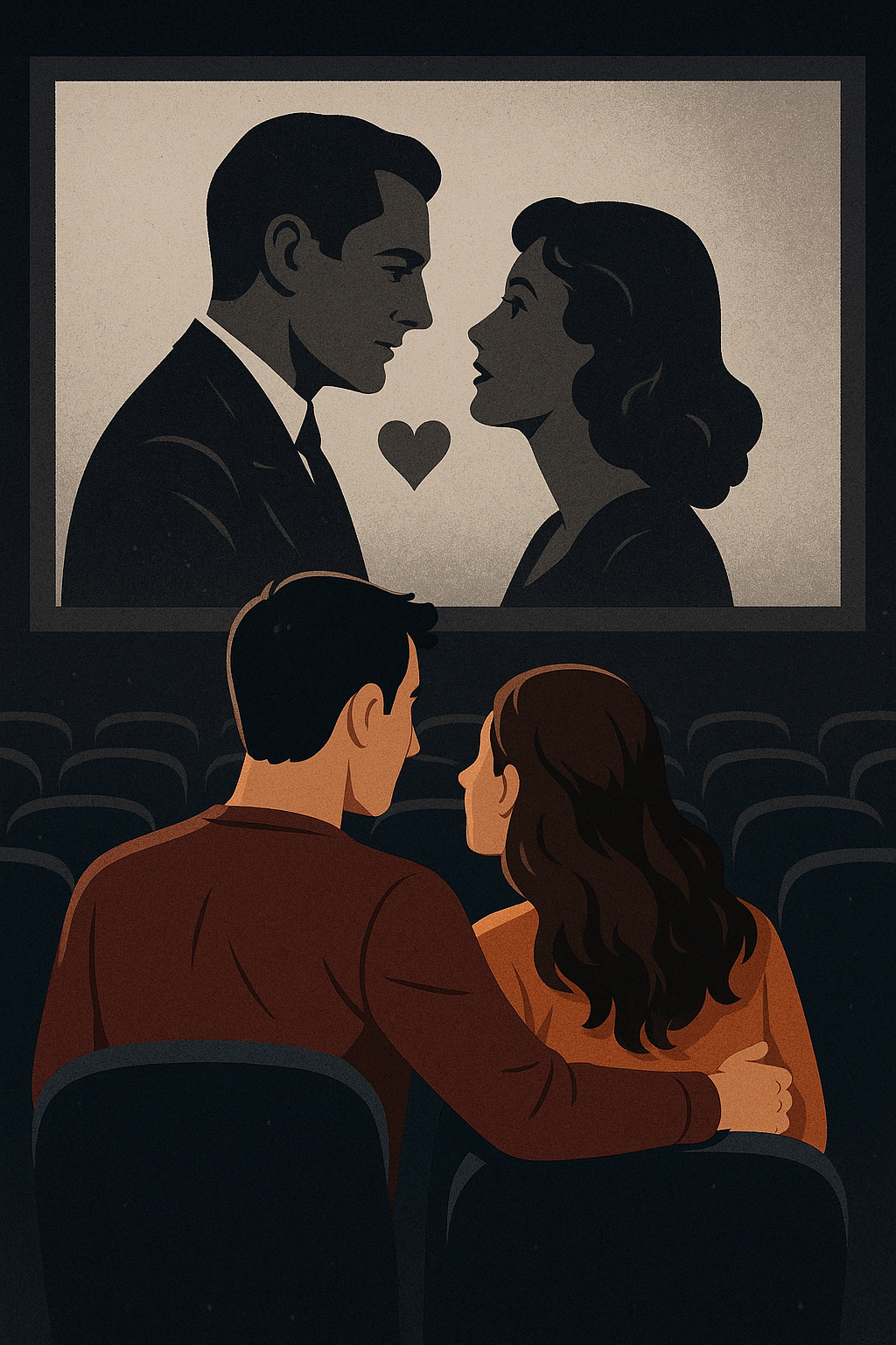 대형 스크린 속에는 고전 흑백 영화 속 연인 실루엣, 그 앞에는 현대 커플이 함께 영화를 보는 장면