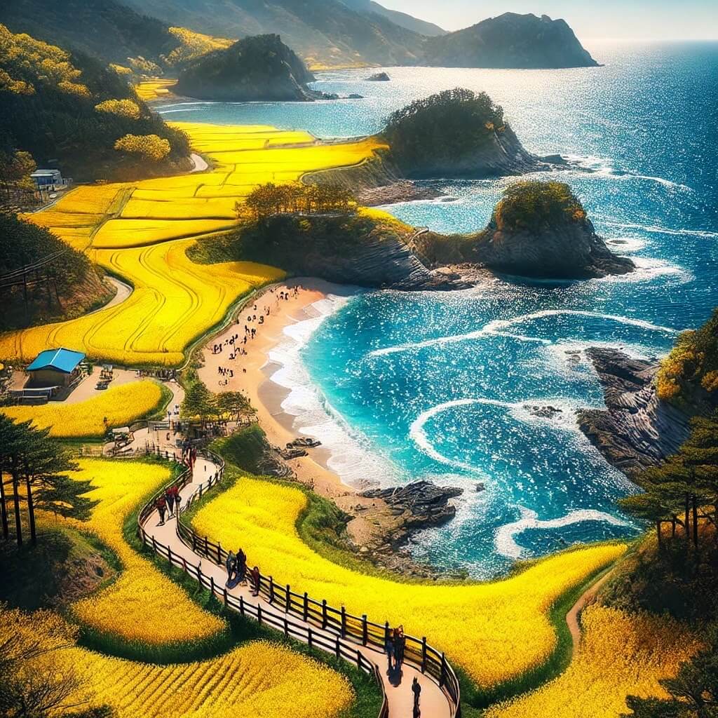 태종대의 유채꽃과 바다의 이미지