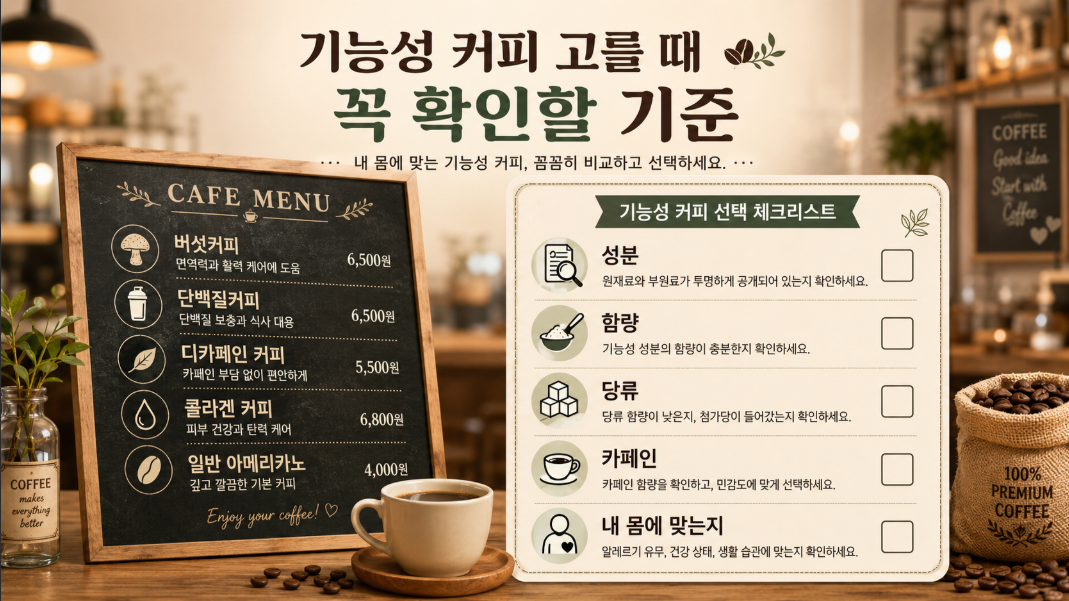 기능성 커피를 선택할 때 성분, 함량, 당류, 카페인, 몸에 맞는지를 확인하는 체크리스트 이미지