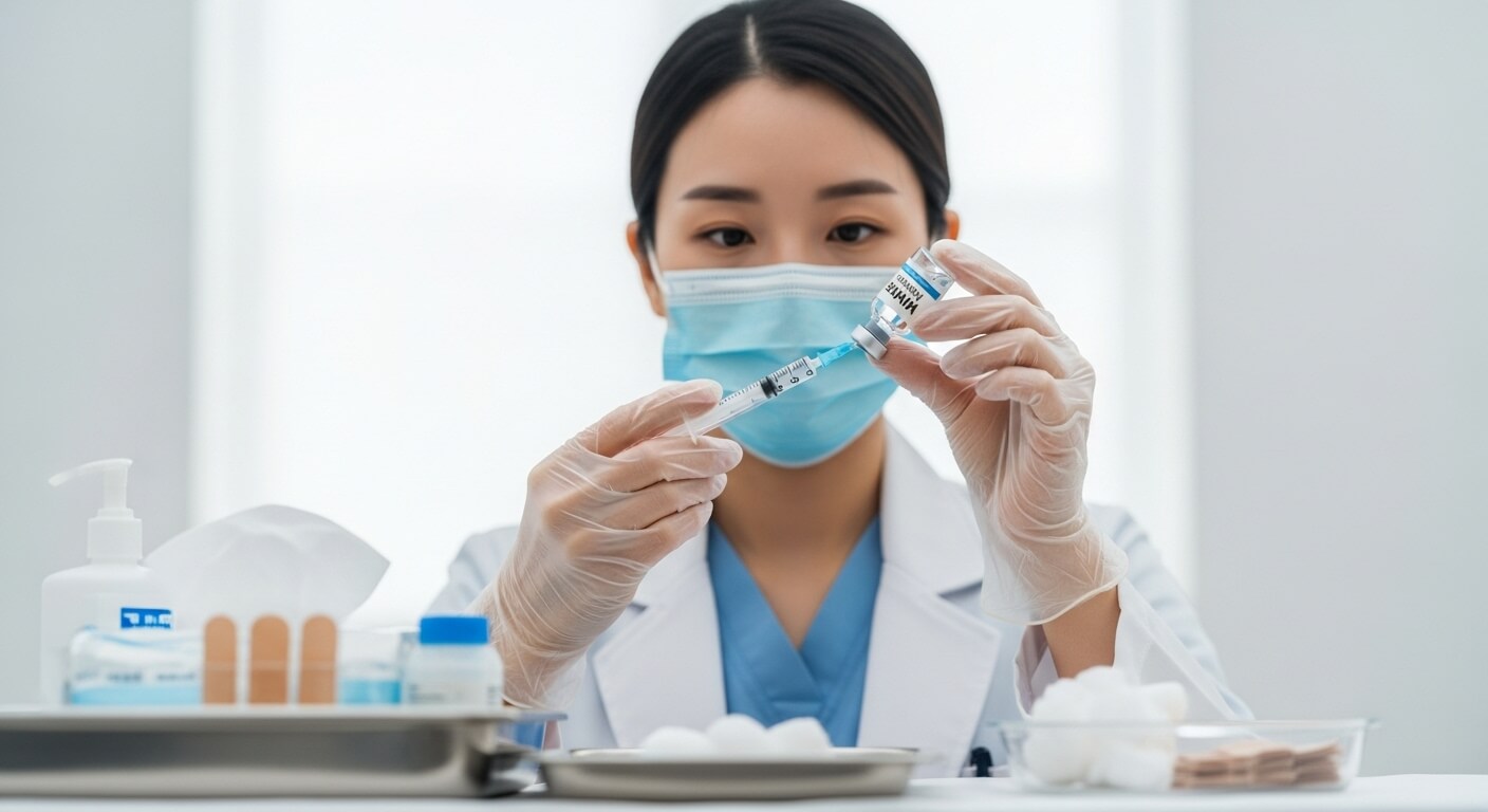  MMR 백신 병을 들고 주사기를 준비하는 의료진