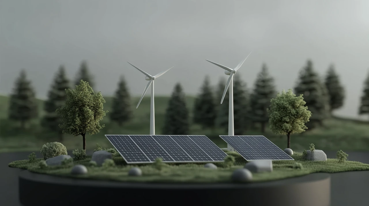태양과 바람 같은 재생에너지 원천 설명, 자연적 야외 환경, 활기차고 지속 가능한 분위기