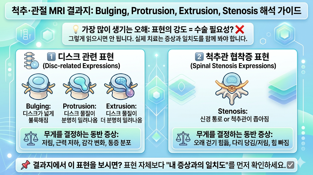 척추 MRI bulging protrusion extrusion stenosis 차이 설명 인포그래픽