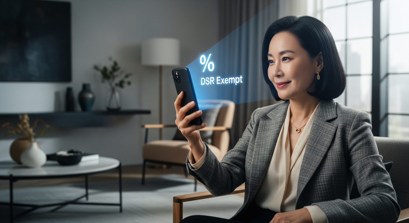 현대적인 거실에 앉아있는 스타일리시한 50대 한국 여성 (검은 머리, 우아한 패션), 스마트폰 검은 화면에서 '%' 기호와 'DSR 미적용'이라는 홀로그램이 투영되고 있음. 부드러운 주광, 전문적이고 안도하는 표정.