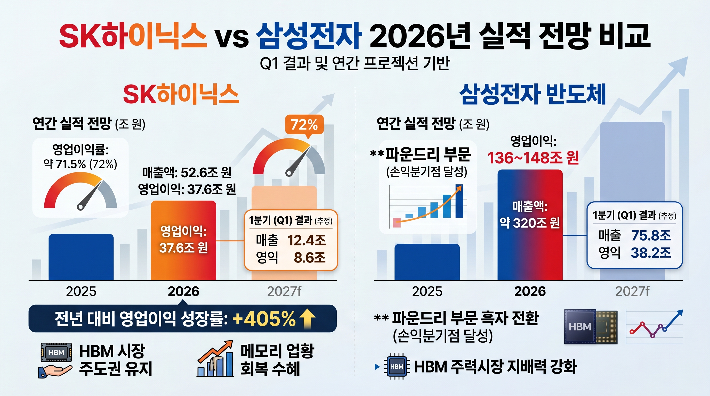 SK하이닉스·삼성전자 2026년 영업이익 전망 비교 - Q1 실적 37.6조, 연간 250조원대 추정, 2025년 대비 5-7배 증가, 메모리 슈퍼사이클