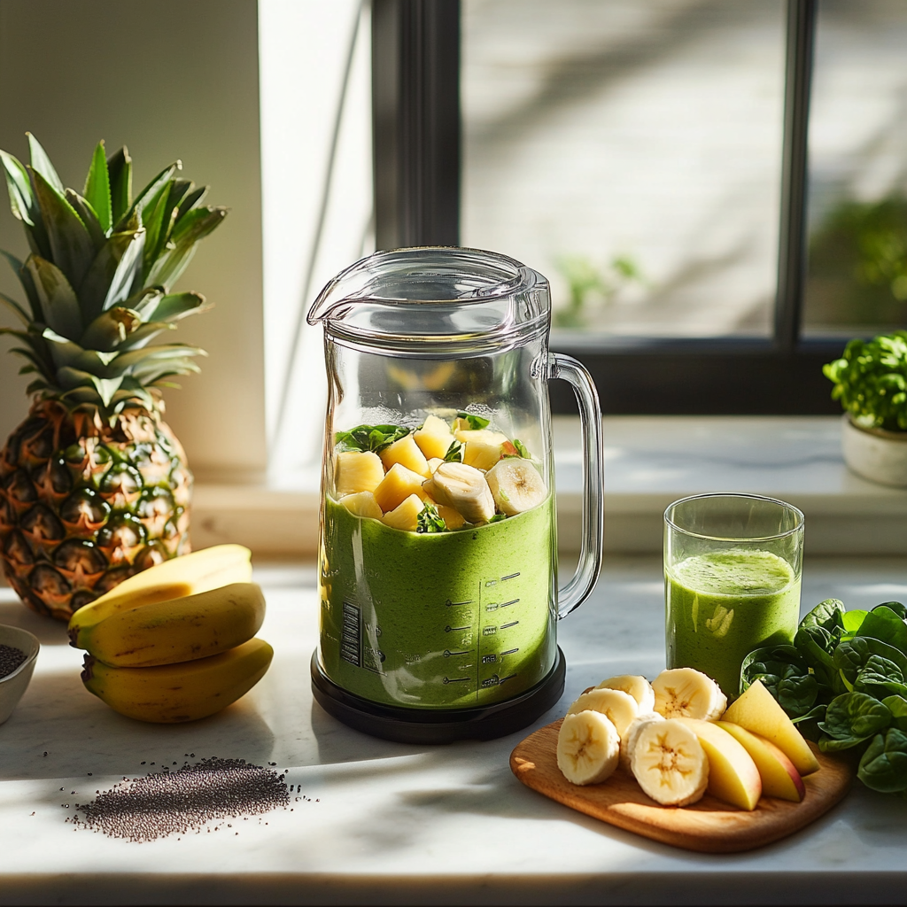 파인애플, 바나나, 시금치, 유리잔,