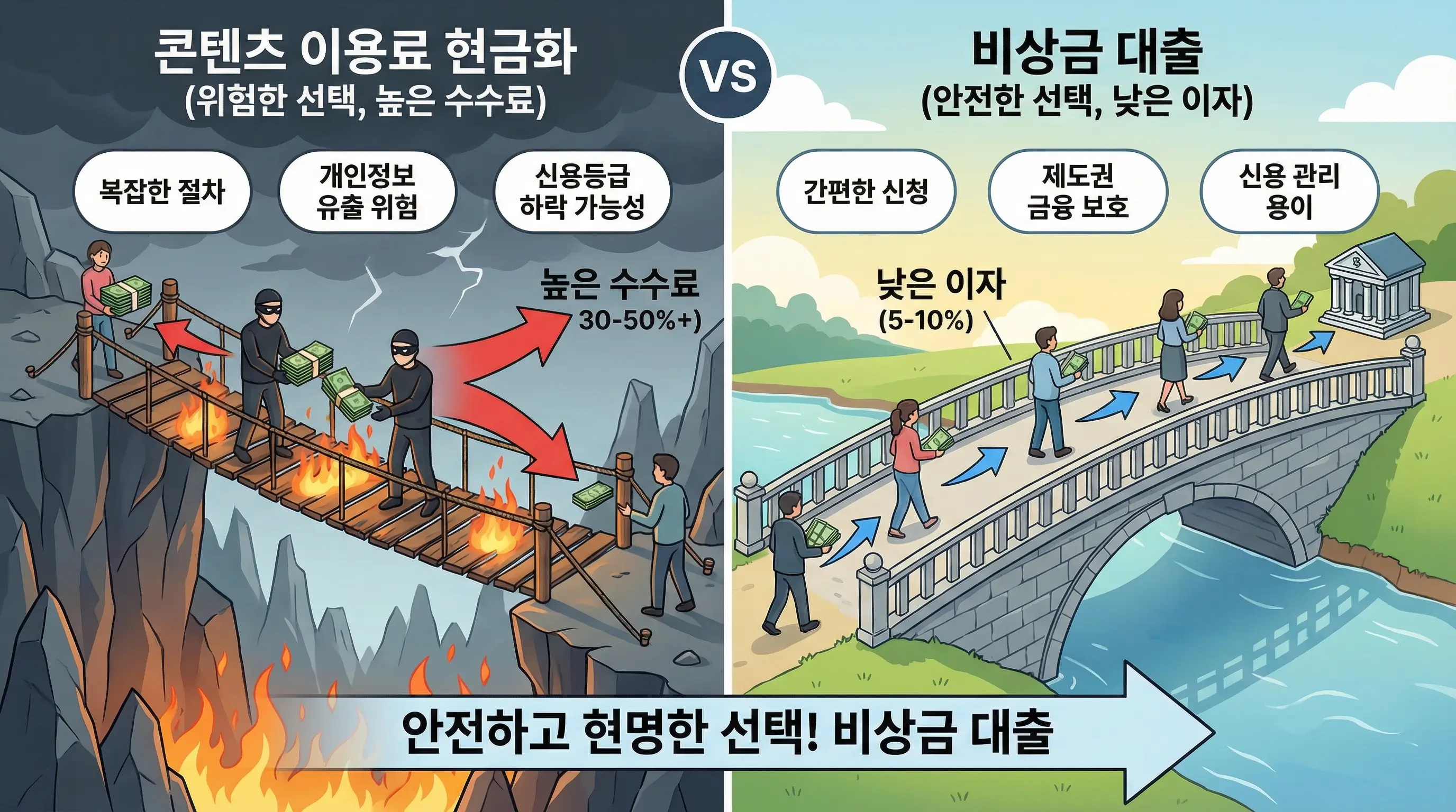 콘텐츠 이용료 현금화의 높은 수수료와 비상금 대출의 낮은 이자를 비교하여 안전한 선택을 유도하는 인포그래픽