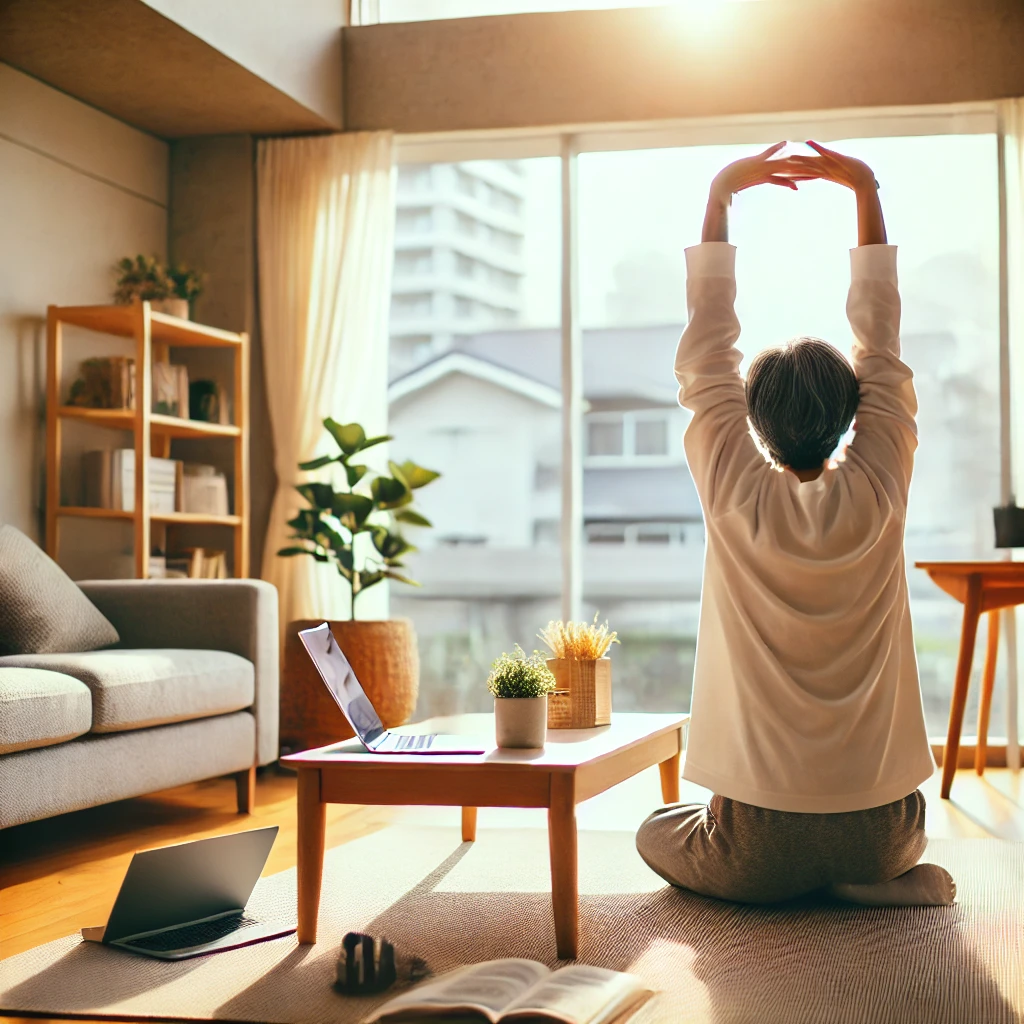 "밝은 실내에서 팔을 위로 뻗으며 간단한 스트레칭을 하는 사람"