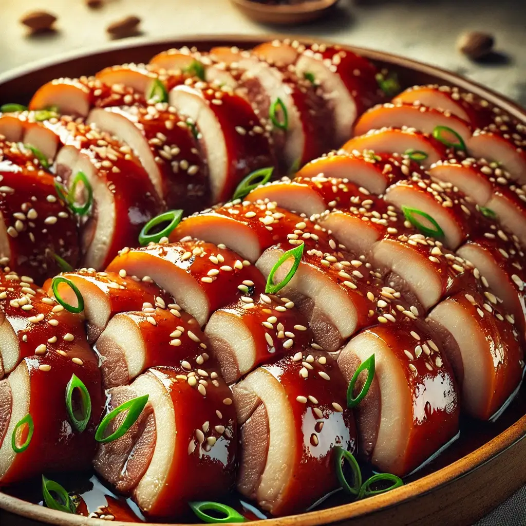 윤기나는 슬라이스 족발, 참깨와 파로 장식된 먹음직스러운 한국 전통 음식.