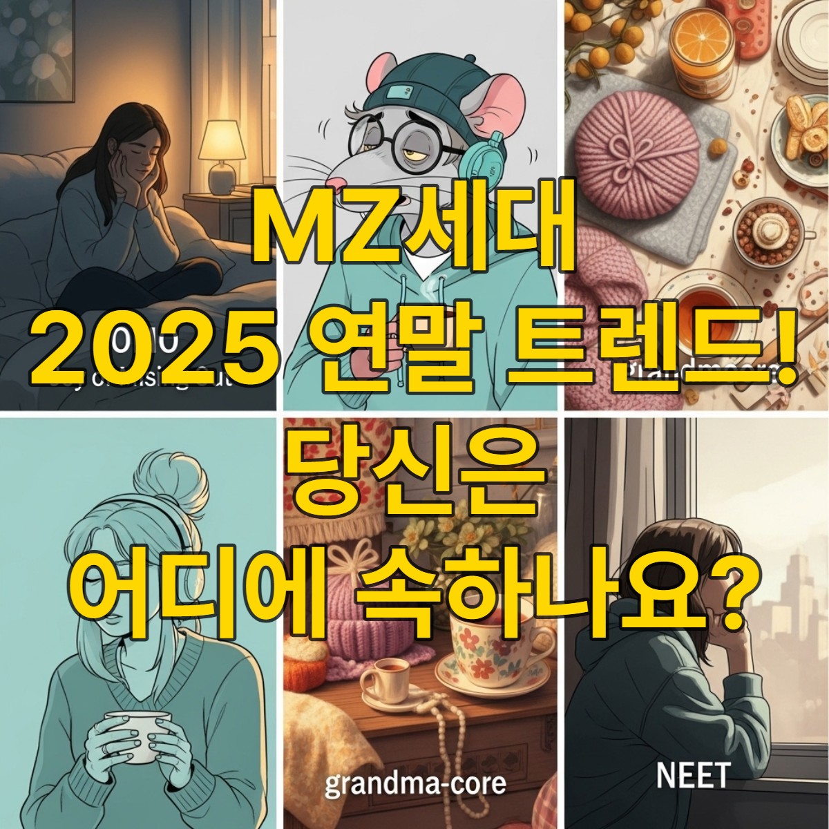2025년 MZ세대의 연말을 상징하는 다양한 트렌드: 집에서 휴식하는 JOMO, 현실적인 쥐인간, 편안한 할머니 시대, 그리고 사색하는 니트족을 한눈에 볼 수 있는 다채로운 일러스트.