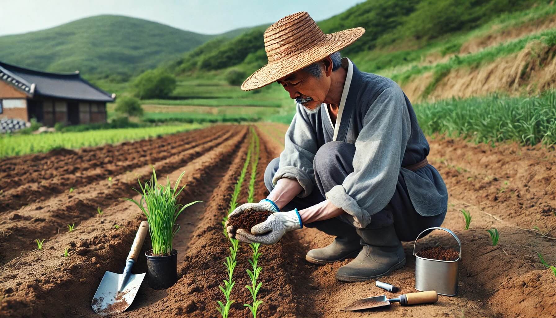 농부가 토양을 살피는 장면