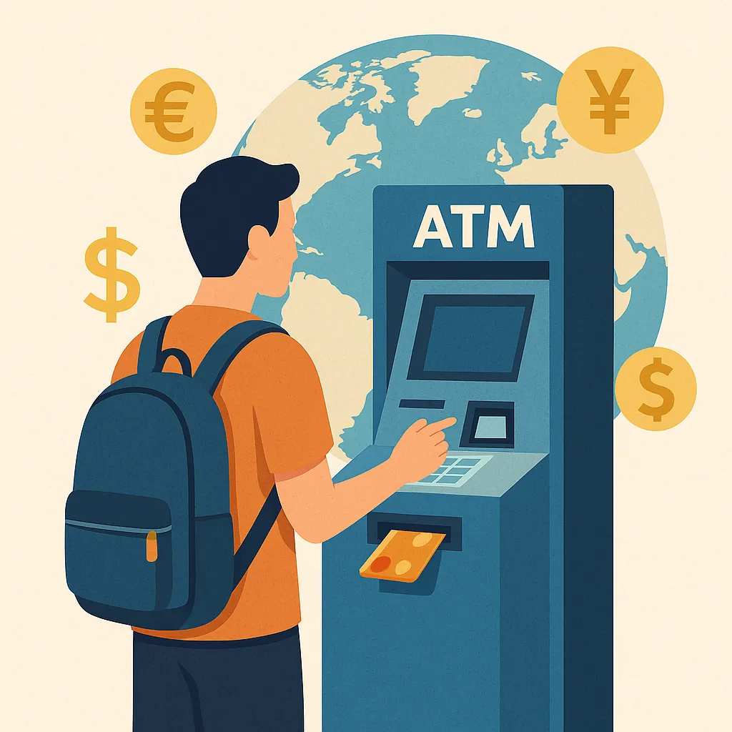여행지-ATM-수수료가-나라마다-왜-다른지를-상징적으로-표현한-일러스트-이미지로-해외여행자가-ATM을-이용하고-세계-각국-화폐기호가-함께-묘사