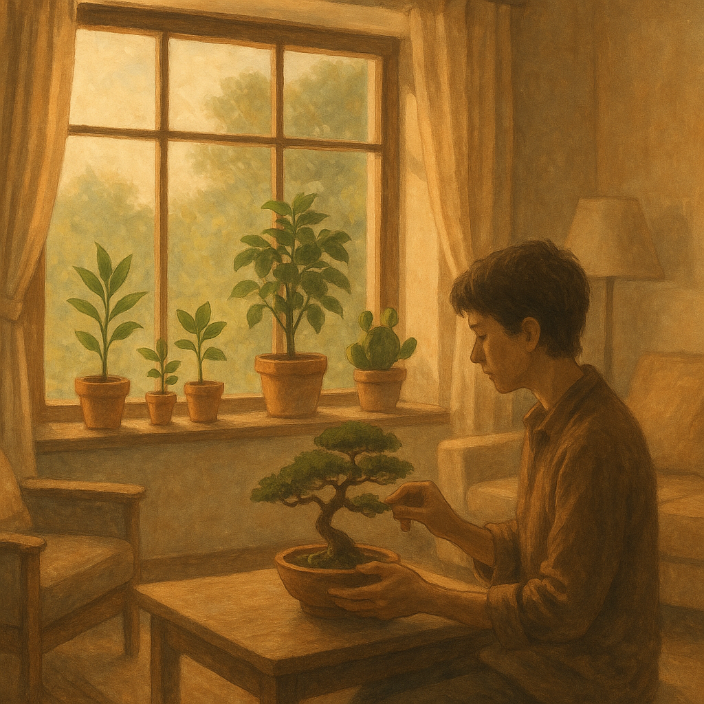 실내에서 분재를 가꾸는 사람