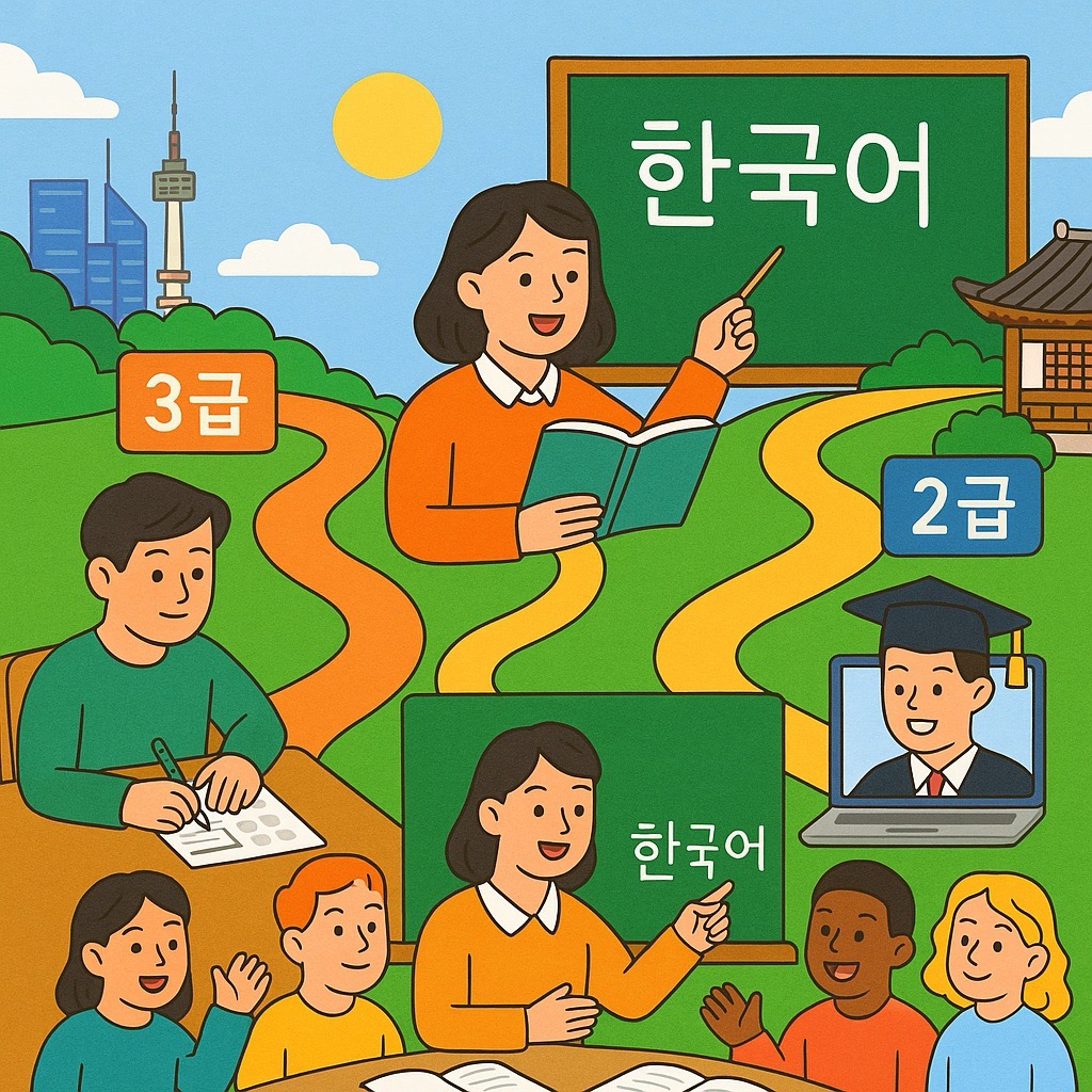 한국어교원 2급과 3급 자격증 취득 과정을 비교하여 보여주는 이미지. 각기 다른 길을 통해 한국어 교사가 되는 모습을 담고 있다.