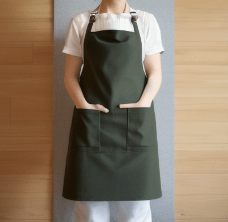 초록색 앞치마의 주머니에 손을 넣고있는 여성 사진