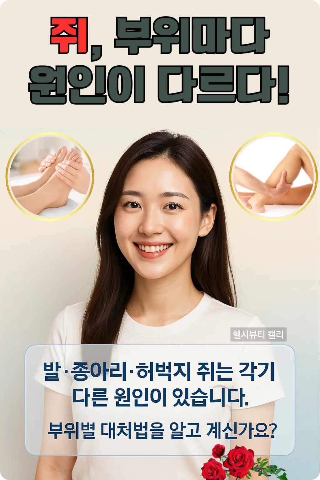 밝은 미소를 짓는 젊은 한국 여성과 발·종아리 마사지 이미지