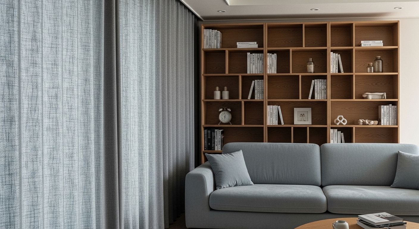 30평대 아파트 거실에 소음 흡수를 위해 배치된 패브릭 소파와 대형 책장. 아늑하고 조용한 가구 배치 인테리어.