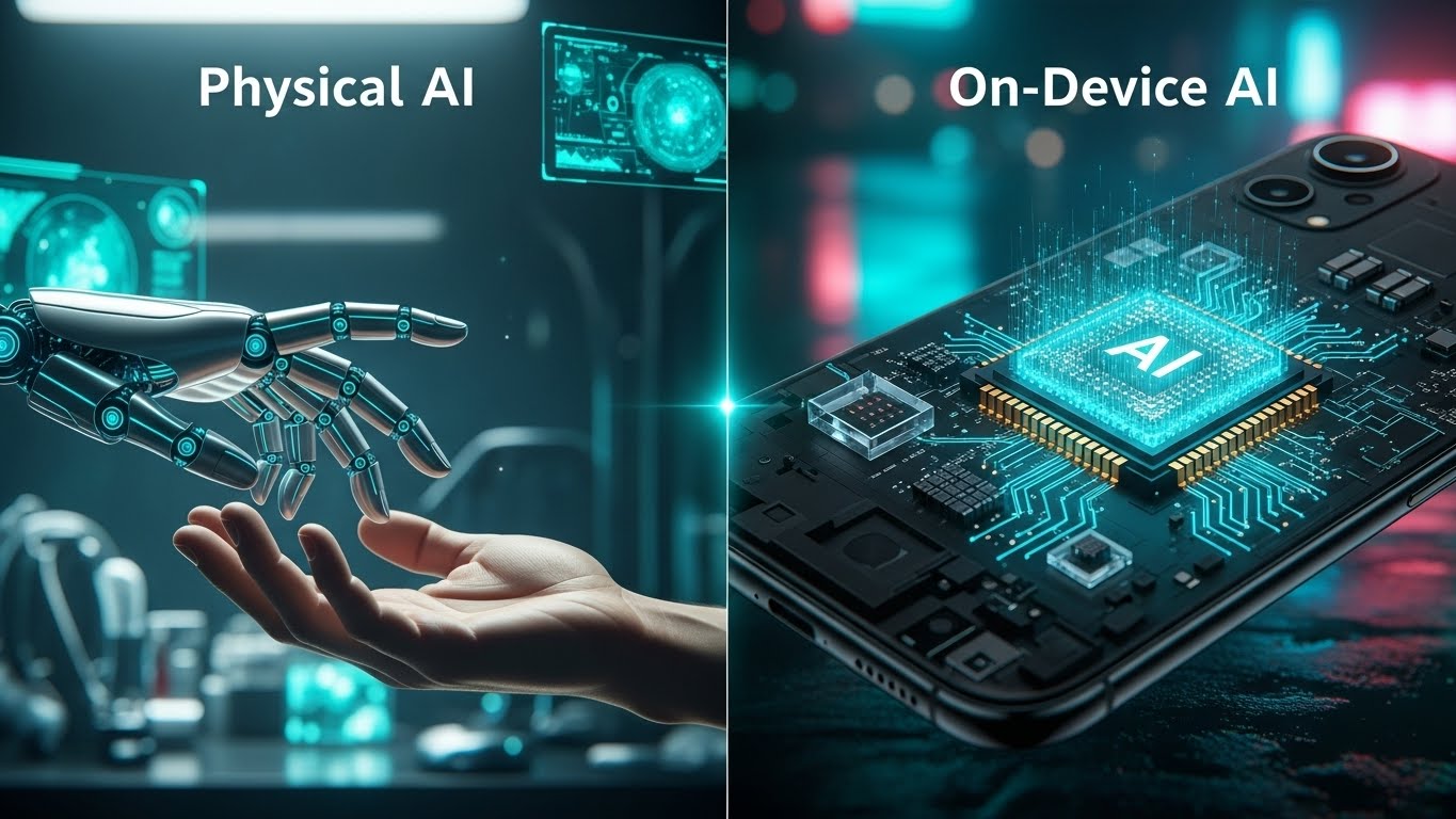 A split image Left side showing a robot hand touching a human hand (Physical AI), Right side showing a glowing AI chip inside a smartphone (On-Device AI), Teal and Cyberpunk style.