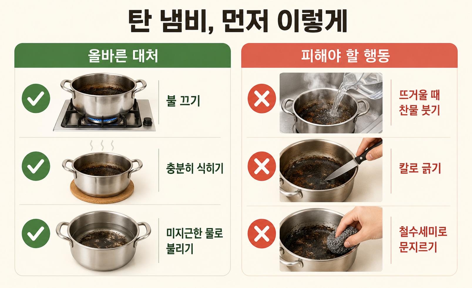 탄 냄비를 식히고 불리는 올바른 대처와 찬물·칼·철수세미 사용 금지 비교