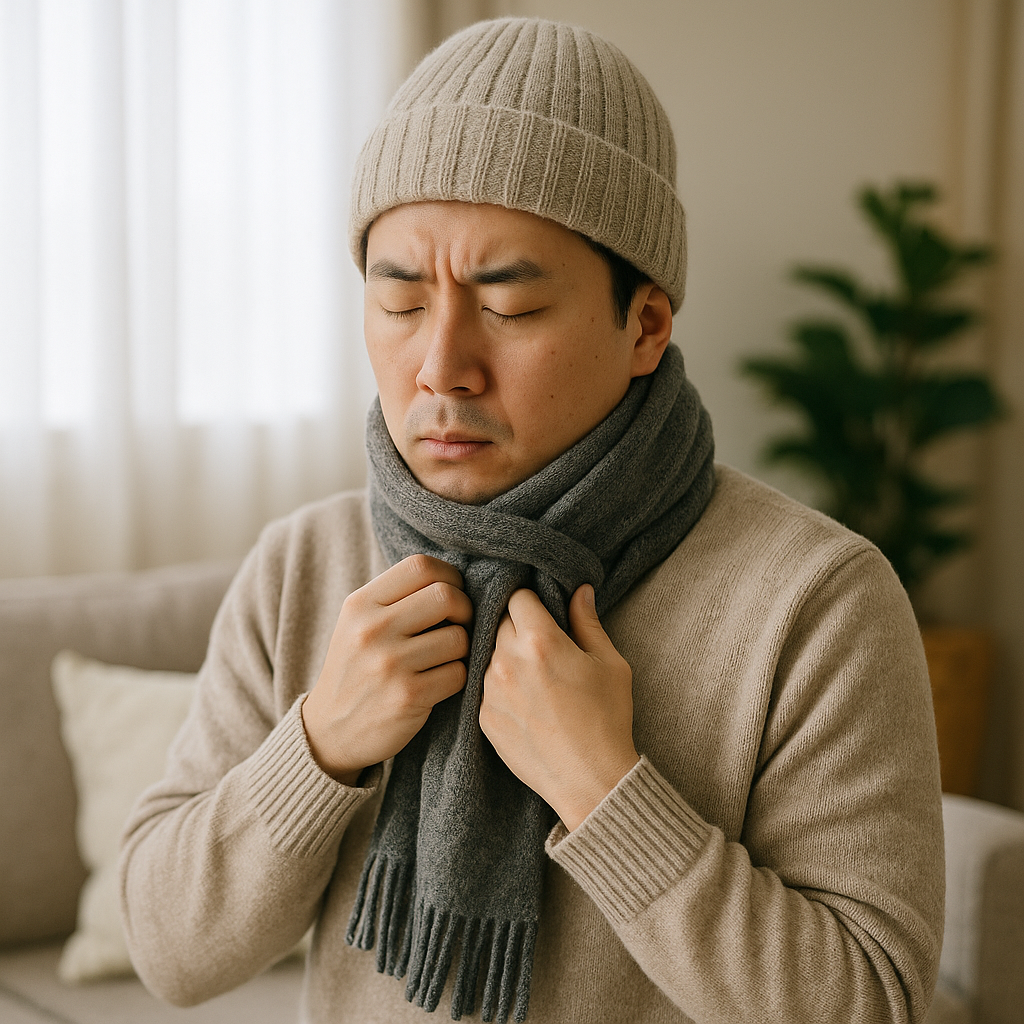 실내에서 보온을 위해 모자와 목도리 착용한 남성, 실사이미지