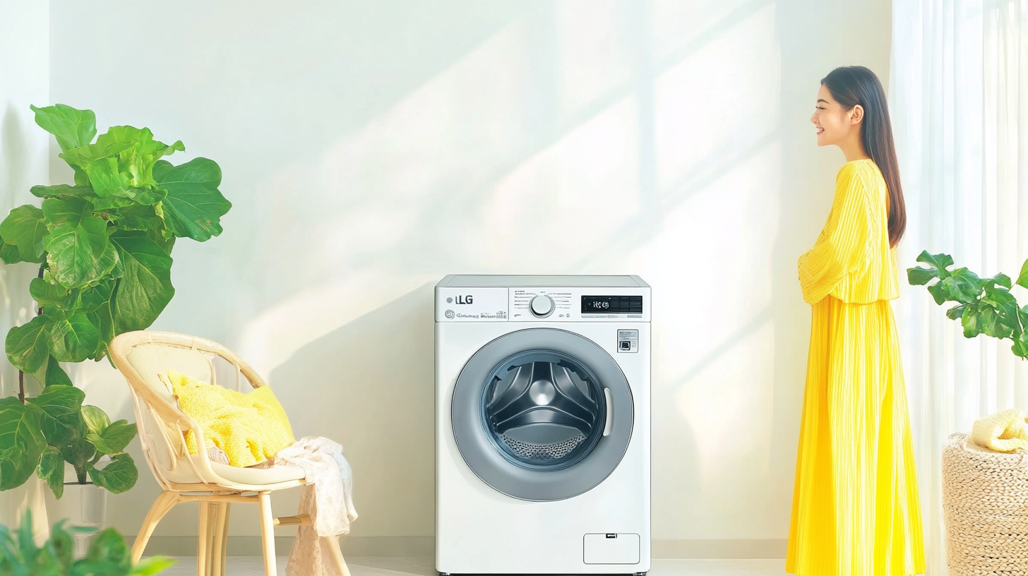 세련된 세탁실에 설치된 현대적인 디자인의 LG 트롬 세탁기가 있으며, LED 디스플레이 패널과 함께 최신 기술이 돋보입니다.