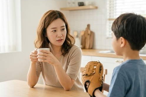 주방 식탁에서 머뭇거리며 글러브 든 아들을 바라보는 엄마