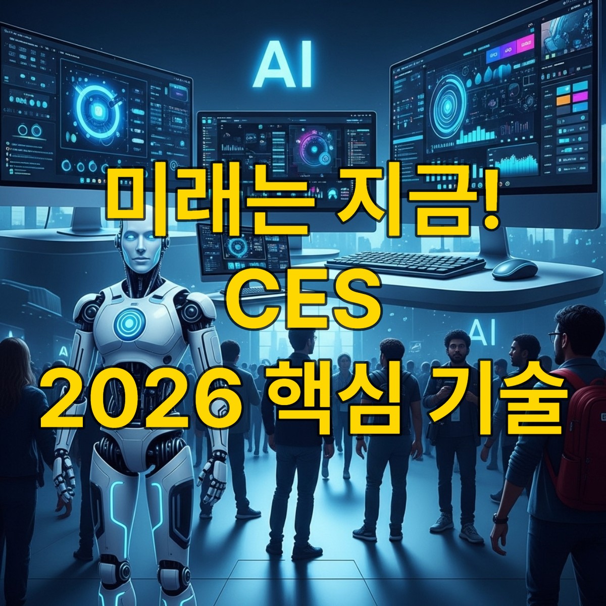 CES 2026 전시회에서 인간형 로봇과 최신 AI PC들이 전시되어 미래 기술을 선보이는 모습