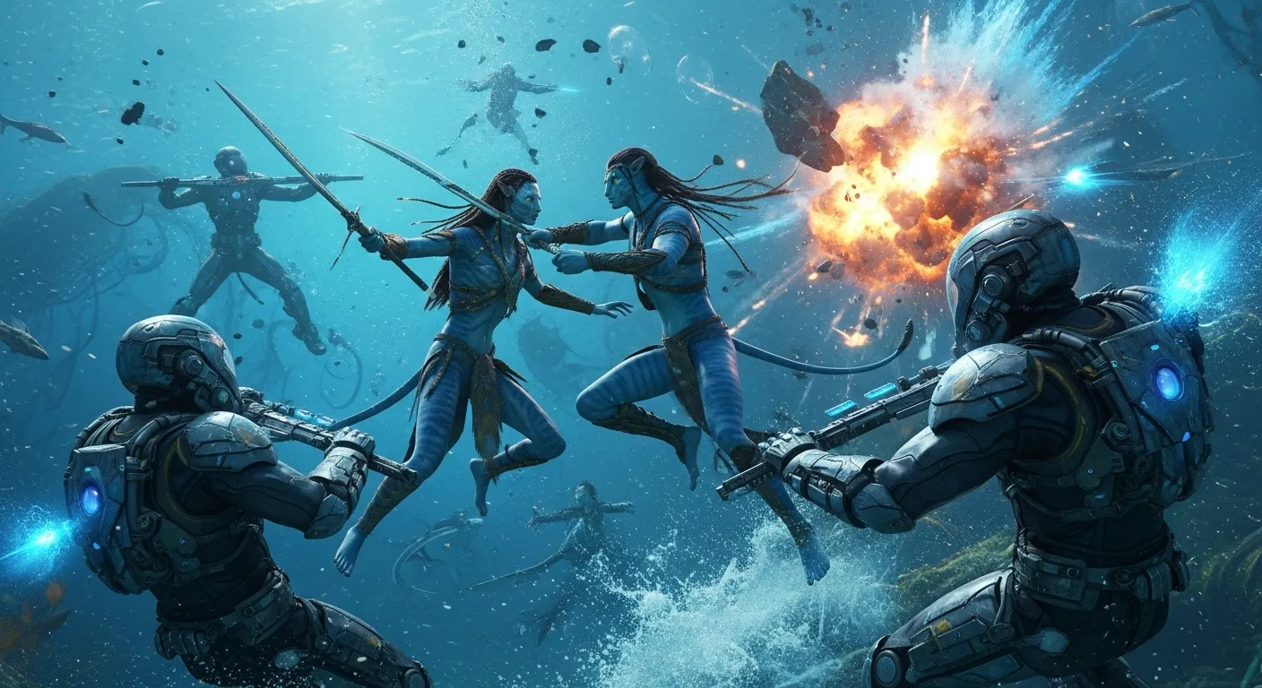 '아바타: 불과 재'의 숨 막히는 수중 전투 장면. 제이크 설리와 네이티리가 인간의 거대한 수중 AMP 슈트와 맞서 싸우고 있으며, 주변의 판도라 해양 생물들도 전투에 휘말려 있다.