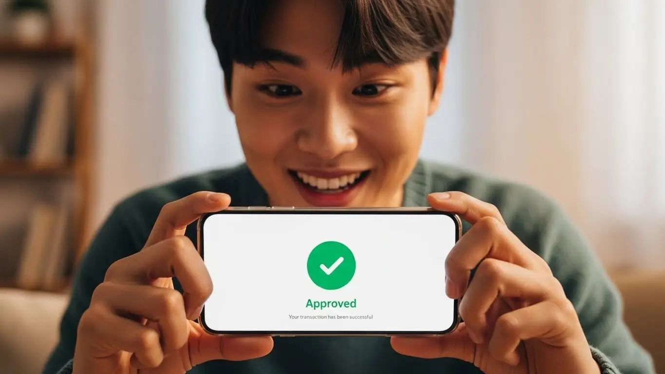 직업이 없는 청년이 스마트폰 앱을 통해 무서류 비대면 전세대출 승인 알림을 받고 안도하는 모습