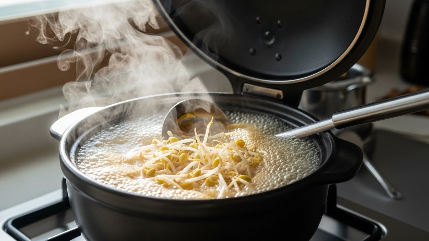 콩나물국 끓이는 과정 뚜껑 열고 조리