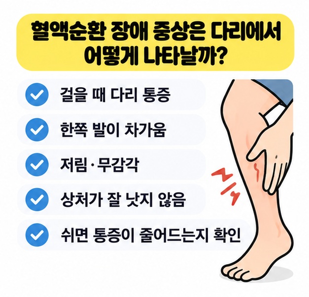 걸을 때 다리 통증, 발의 차가움, 저림과 상처 회복 지연을 보여주는 그림