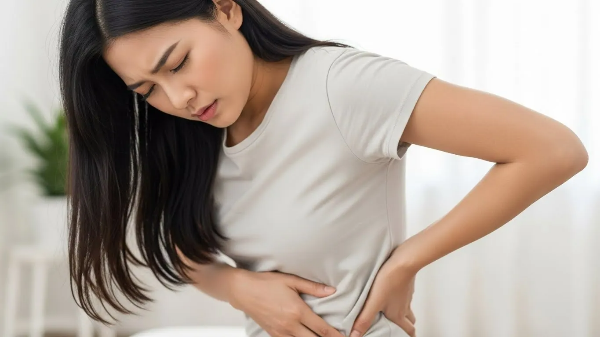 요로결석 통증으로 여성이 옆구리를 만지고 있는 모습