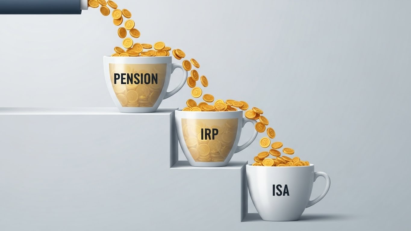 이 위에서 아래로 흐르며 계단식으로 컵(연금 -> IRP -> ISA)을 차례대로 채우는 인포그래픽