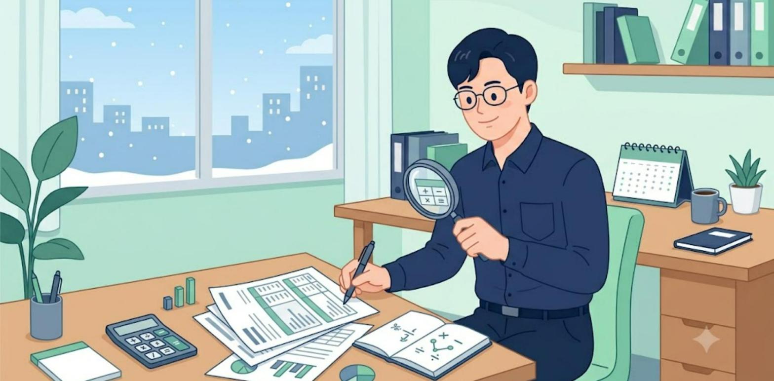 PER·PBR·ROE 투자 지표를 공부하는 직장인 일러스트